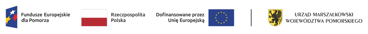 Ciąg czterech logotypów w kolejności od lewej: 1. Fundusze Europejskie dla Pomorza, 2. Rzeczpospolita Polska, 3. Dofinansowane przez Unię Europejską, 4. Urząd Marszałkowski Województwa Pomorskiego