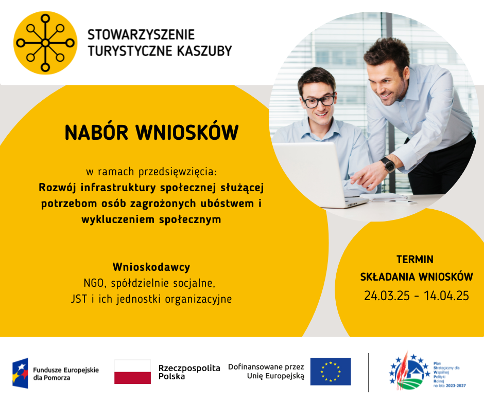 Nabór wniosków – rozwój infrastruktury społecznej
Stowarzyszenie Turystyczne Kaszuby zaprasza do składania wniosków na rozwój infrastruktury dla osób zagrożonych ubóstwem i wykluczeniem społecznym.
Wnioskodawcy: NGO, spółdzielnie socjalne, JST i ich jednostki organizacyjne
Termin: 24.03.2025 – 14.04.2025
Na dole ciąg czterech logotypów w kolejności od lewej: 1. Fundusze Europejskie dla Pomorza, 2. Rzeczpospolita Polska, 3. Dofinansowane przez Unię Europejską, 4. Plan Strategiczny dla Wspólnej Polityki Rolnej na lata 2023 – 2027
Na górze plakatu logotyp Stowarzyszenia Turystyczne Kaszuby 
